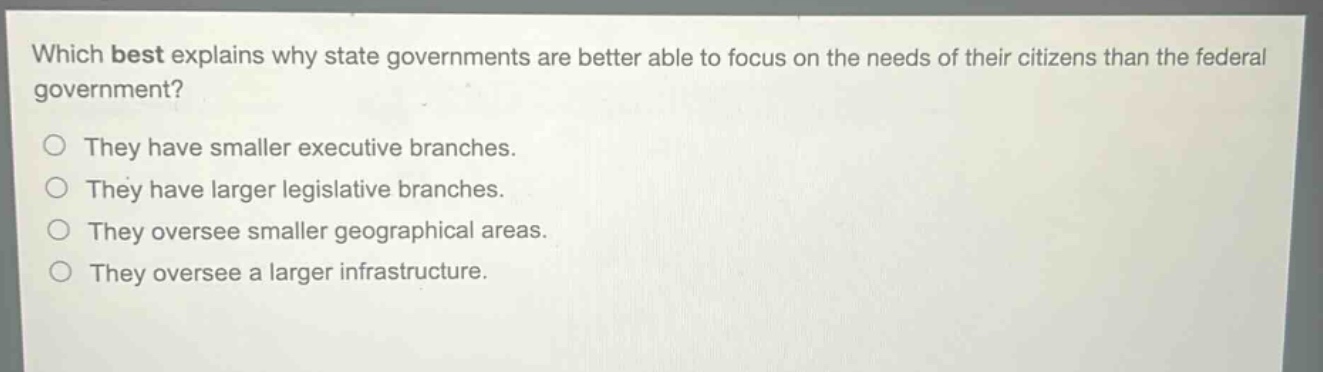 which best explains why state governments are better able to focus on the needs of their citizens than the federal government?\nthey have smaller executive branches.\nthey have larger legislative branches.\nthey oversee smaller geographical areas.\nthey oversee a larger infrastructure.
