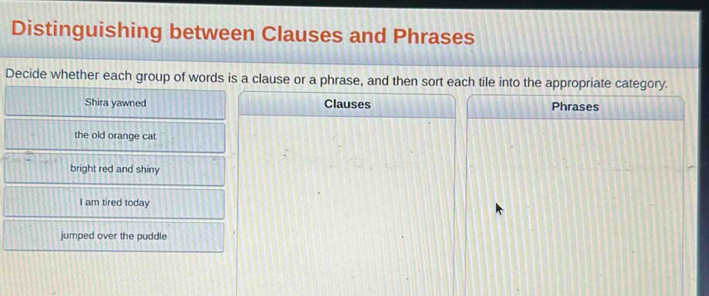 distinguishing between clauses and phrases\ndecide whether each group of words is a clause or a phrase, and then sort each tile into the appropriate category.\nshira yawned\nthe old orange cat\nbright red and shiny\ni am tired today\njumped over the puddle\nclauses\nphrases