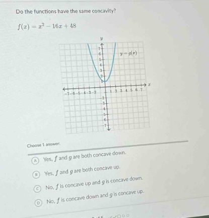 do the functions have the same concavity?\n$f(x)=x^{2}-16x + 48$\nchoose 1 answer:\na yes, $f$ and $g$ are both concave down.\nb yes, $f$ and $g$ are both concave up.\nc no, $f$ is concave up and $g$ is concave down.\nd no, $f$ is concave down and $g$ is concave up.