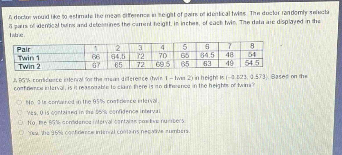a doctor would like to estimate the mean difference in height of pairs of identical twins. the doctor randomly selects 8 pairs of identical twins and determines the current height, in inches, of each twin. the data are displayed in the table.\n|pair|1|2|3|4|5|6|7|8|\n|----|----|----|----|----|----|----|----|----|\n|twin 1|66|64.5|72|70|65|64.5|48|54|\n|twin 2|67|65|72|69.5|65|63|49|54.5|\na 95% confidence interval for the mean difference (twin 1 - twin 2) in height is (-0.823, 0.573). based on the confidence interval, is it reasonable to claim there is no difference in the heights of twins?\nno, 0 is contained in the 95% confidence interval.\nyes, 0 is contained in the 95% confidence interval.\nno, the 95% confidence interval contains positive numbers.\nyes, the 95% confidence interval contains negative numbers.