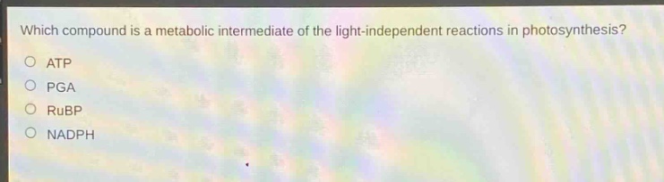which compound is a metabolic intermediate of the light - independent reactions in photosynthesis?\no atp\no pga\no rubp\no nadph