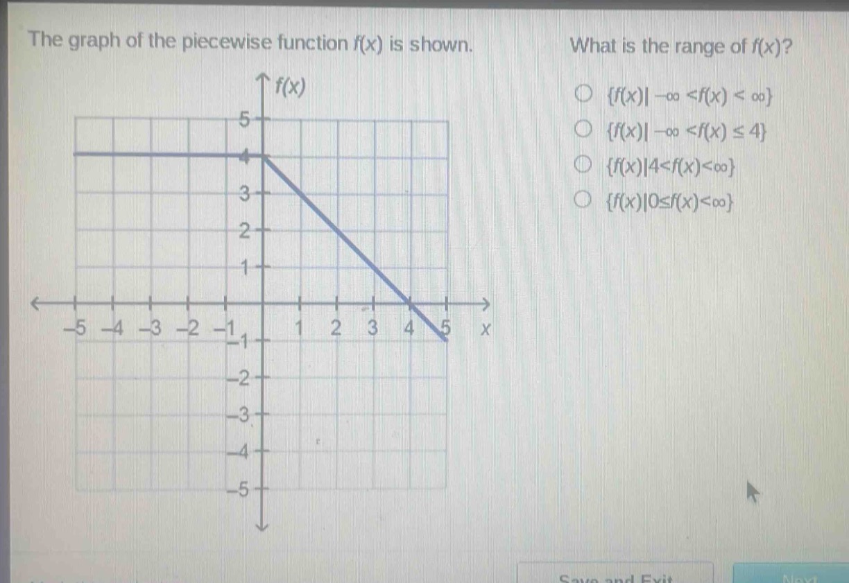 the graph of the piece - wise function f(x) is shown. what is the range of f(x)? {f(x)| - ∞ < f(x) < ∞} {f(x)| - ∞ < f(x) ≤ 4} {f(x)|4 < f(x) < ∞} {f(x)|0 ≤ f(x) < ∞}