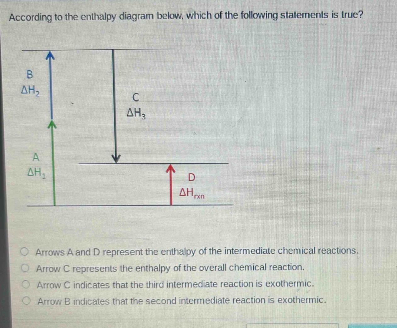 according to the enthalpy diagram below, which of the following statements is true?\n\narrows a and d represent the enthalpy of the intermediate chemical reactions.\narrow c represents the enthalpy of the overall chemical reaction.\narrow c indicates that the third intermediate reaction is exothermic.\narrow b indicates that the second intermediate reaction is exothermic.