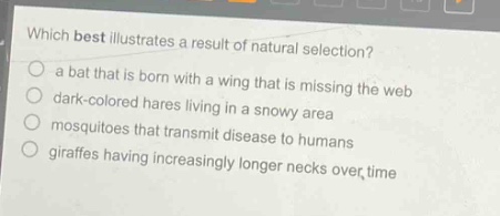 which best illustrates a result of natural selection?\n- a bat that is born with a wing that is missing the web\n- dark - colored hares living in a snowy area\n- mosquitoes that transmit disease to humans\n- giraffes having increasingly longer necks over time