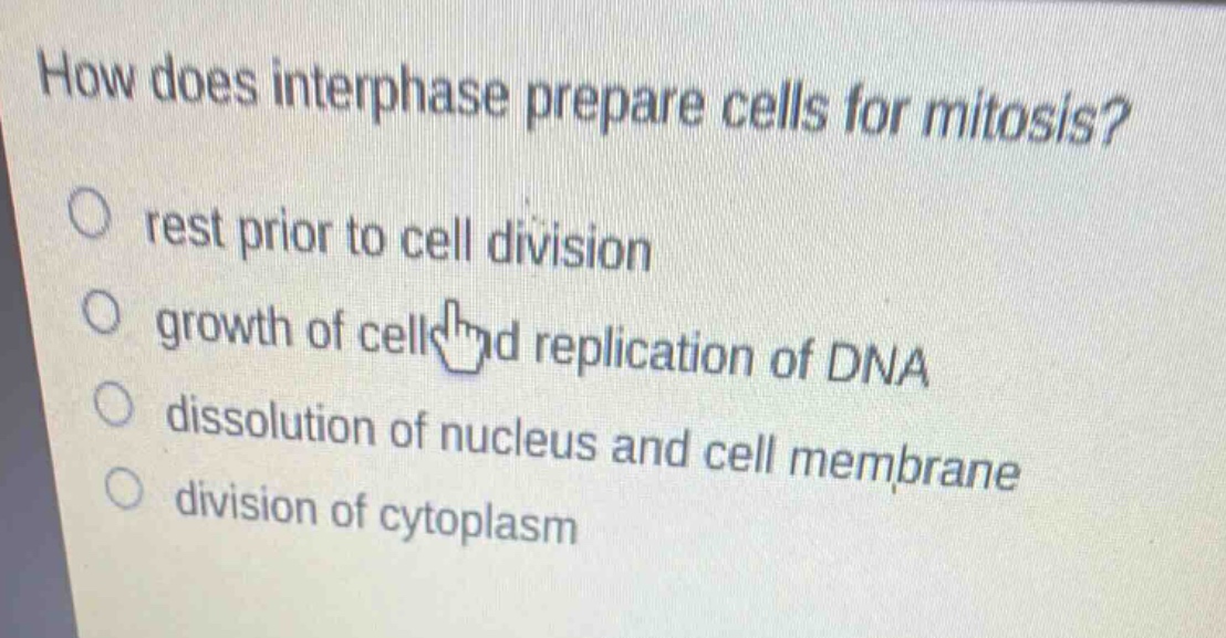 how does interphase prepare cells for mitosis?\no rest prior to cell division\no growth of cell and replication of dna\no dissolution of nucleus and cell membrane\no division of cytoplasm