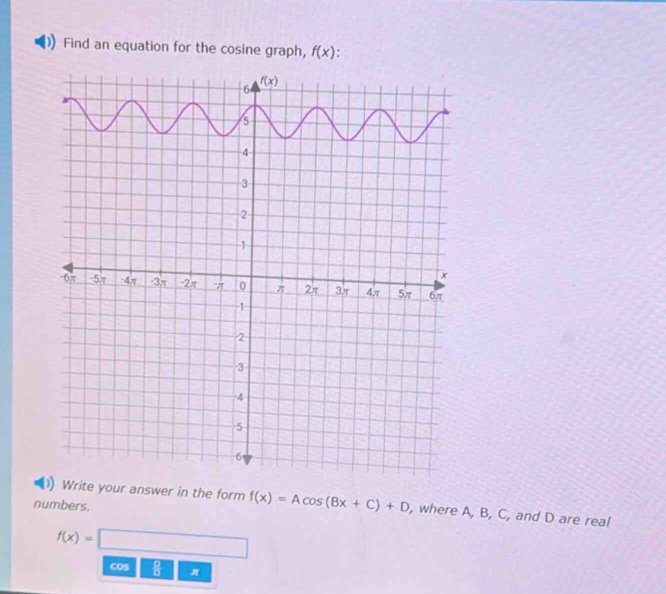 find an equation for the cosine graph, f(x):\nwrite your answer in the form f(x) = a cos(bx + c) + d, where a, b, c, and d are real numbers.\nf(x) =