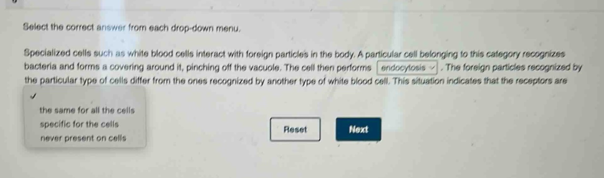 select the correct answer from each drop - down menu. specialized cells such as white blood cells interact with foreign particles in the body. a particular cell belonging to this category recognizes bacteria and forms a covering around it, pinching off the vacuole. the cell then performs endocytosis. the foreign particles recognized by the particular type of cells differ from the ones recognized by another type of white blood cell. this situation indicates that the receptors are the same for all the cells specific for the cells never present on cells