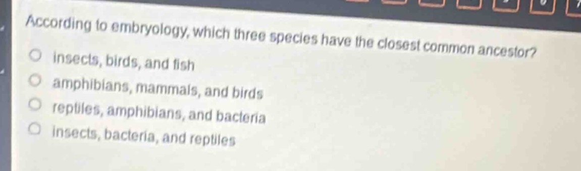 according to embryology, which three species have the closest common ancestor?\no insects, birds, and fish\no amphibians, mammals, and birds\no reptiles, amphibians, and bacteria\no insects, bacteria, and reptiles