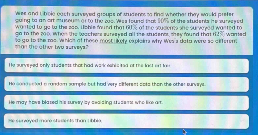 wes and libbie each surveyed groups of students to find whether they would prefer going to an art museum or to the zoo. wes found that 90% of the students he surveyed wanted to go to the zoo. libbie found that 60% of the students she surveyed wanted to go to the zoo. when the teachers surveyed all the students, they found that 62% wanted to go to the zoo. which of these most likely explains why wes’s data were so different than the other two surveys? he surveyed only students that had work exhibited at the last art fair. he conducted a random sample but had very different data than the other surveys. he may have biased his survey by avoiding students who like art. he surveyed more students than libbie.