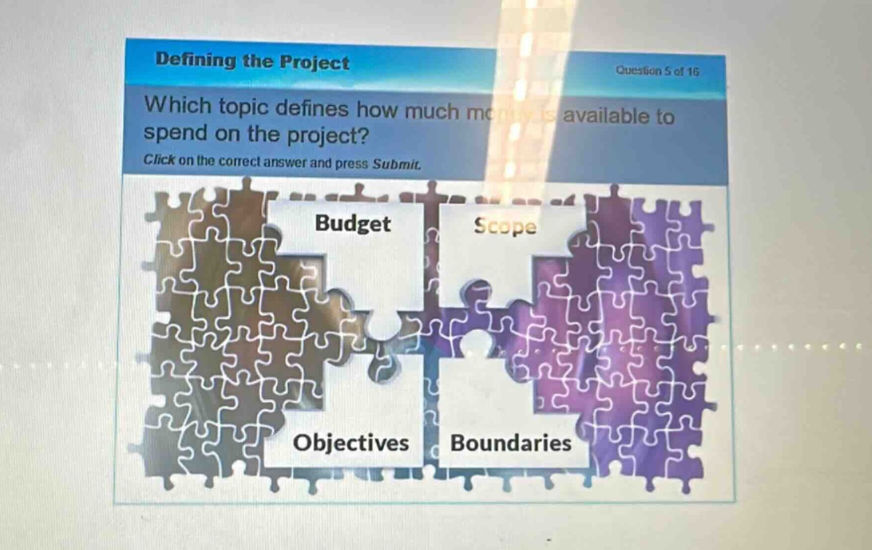 defining the project\nquestion 5 of 16\nwhich topic defines how much money is available to spend on the project?\nclick on the correct answer and press submit.\nbudget\nscope\nobjectives\nboundaries
