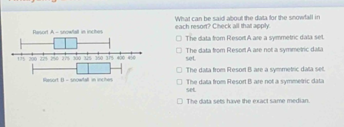 what can be said about the data for the snowfall in each resort? check all that apply. the data from resort a are a symmetric data set. the data from resort a are not a symmetric data set. the data from resort b are a symmetric data set. the data from resort b are not a symmetric data set. the data sets have the exact same median.