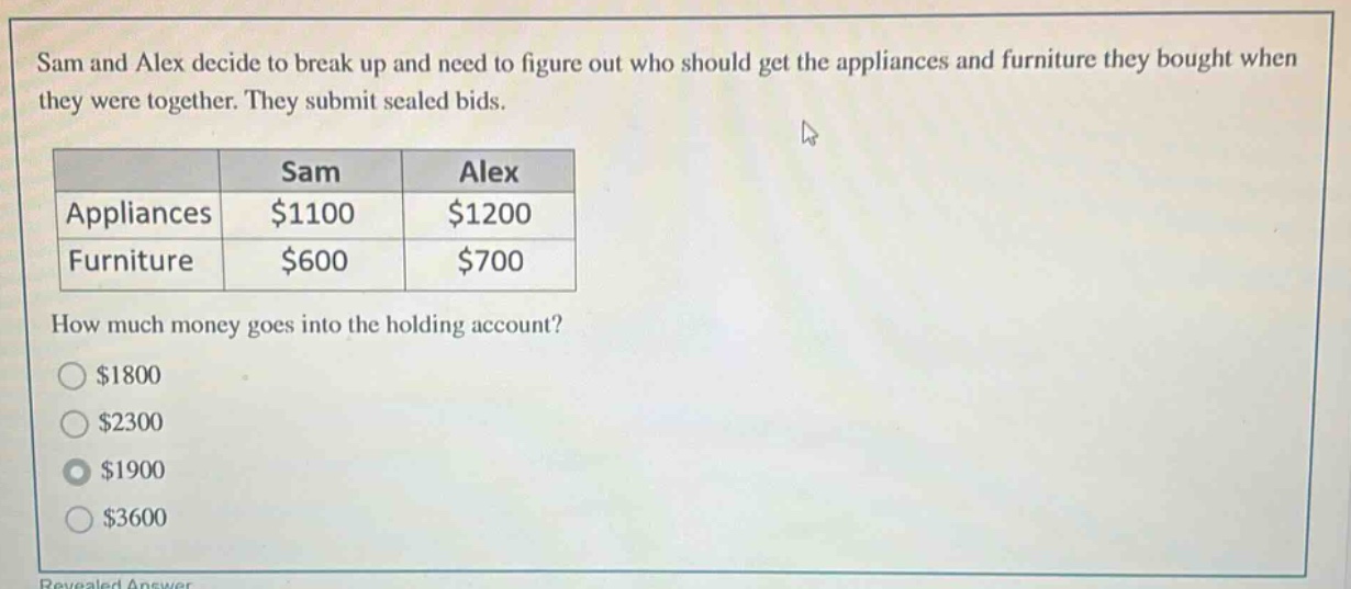 sam and alex decide to break up and need to figure out who should get the appliances and furniture they bought when they were together. they submit sealed bids.\n| | sam | alex |\n|--|--|--|\n| appliances | $1100 | $1200 |\n| furniture | $600 | $700 |\nhow much money goes into the holding account?\n$1800\n$2300\n$1900\n$3600