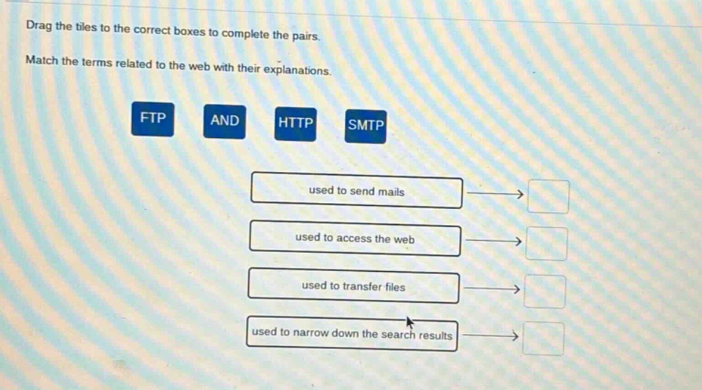 drag the tiles to the correct boxes to complete the pairs. match the terms related to the web with their explanations. ftp and http smtp used to send mails used to access the web used to transfer files used to narrow down the search results