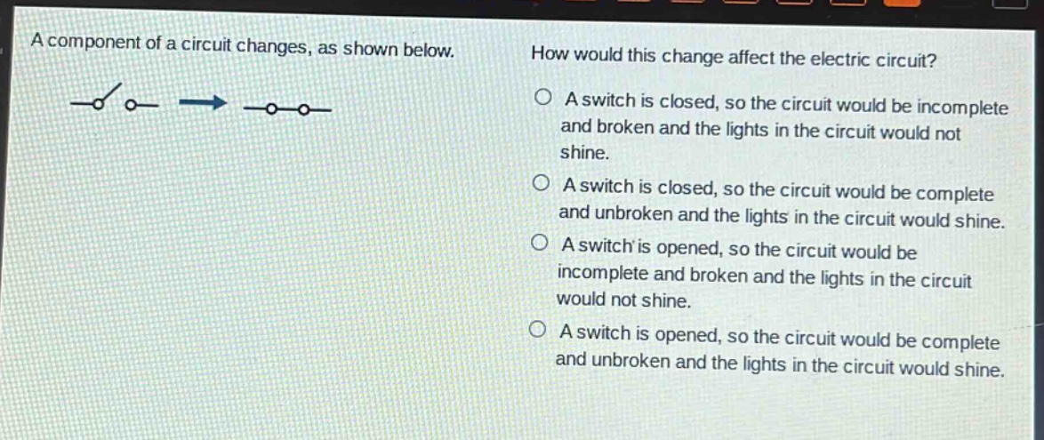 a component of a circuit changes, as shown below. how would this change affect the electric circuit? a switch is closed, so the circuit would be incomplete and broken and the lights in the circuit would not shine. a switch is closed, so the circuit would be complete and unbroken and the lights in the circuit would shine. a switch is opened, so the circuit would be incomplete and broken and the lights in the circuit would not shine. a switch is opened, so the circuit would be complete and unbroken and the lights in the circuit would shine.