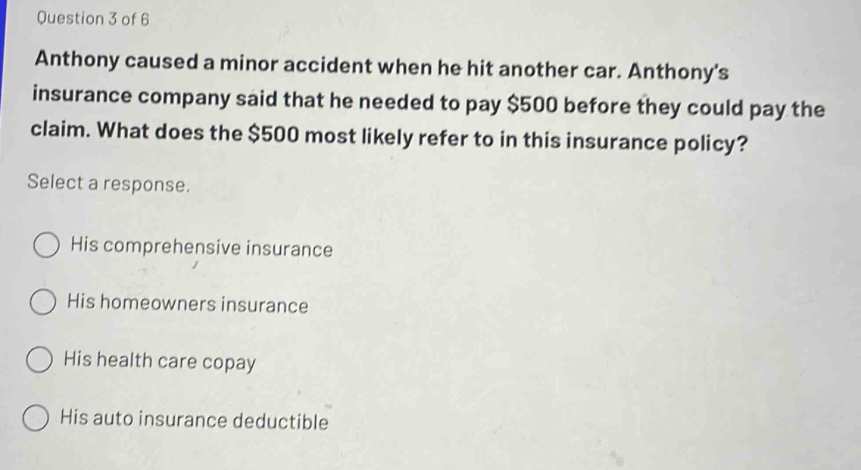 question 3 of 6\nanthony caused a minor accident when he hit another car. anthony’s insurance company said that he needed to pay $500 before they could pay the claim. what does the $500 most likely refer to in this insurance policy?\nselect a response.\n○ his comprehensive insurance\n○ his homeowners insurance\n○ his health care copay\n○ his auto insurance deductible