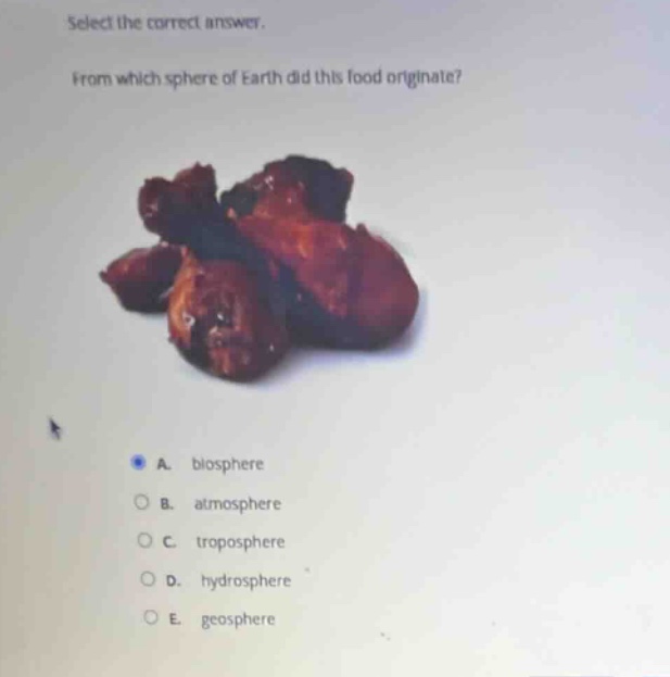 select the correct answer. from which sphere of earth did this food originate? a. biosphere b. atmosphere c. troposphere d. hydrosphere e. geosphere
