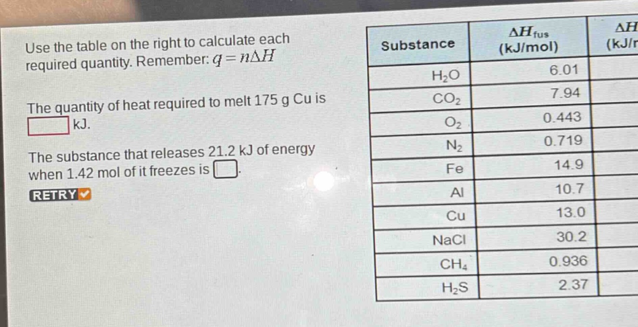 use the table on the right to calculate each required quantity. remember: $q = ndelta h$. the quantity of heat required to melt 175 g cu is kj. the substance that releases 21.2 kj of energy when 1.42 mol of it freezes is.