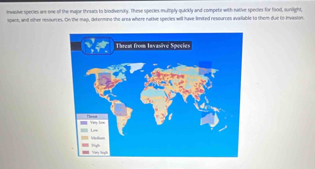 invasive species are one of the major threats to biodiversity. these species multiply quickly and compete with native species for food, sunlight, space, and other resources. on the map, determine the area where native species will have limited resources available to them due to invasion.