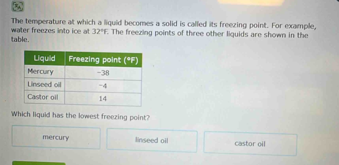 the temperature at which a liquid becomes a solid is called its freezing point. for example, water freezes into ice at 32°f. the freezing points of three other liquids are shown in the table.\n| liquid | freezing point (°f) |\n|--|--|\n| mercury | -38 |\n| linseed oil | -4 |\n| castor oil | 14 |\nwhich liquid has the lowest freezing point?\nmercury\nlinseed oil\ncastor oil