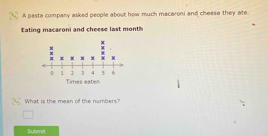 a pasta company asked people about how much macaroni and cheese they ate. eating macaroni and cheese last month what is the mean of the numbers?