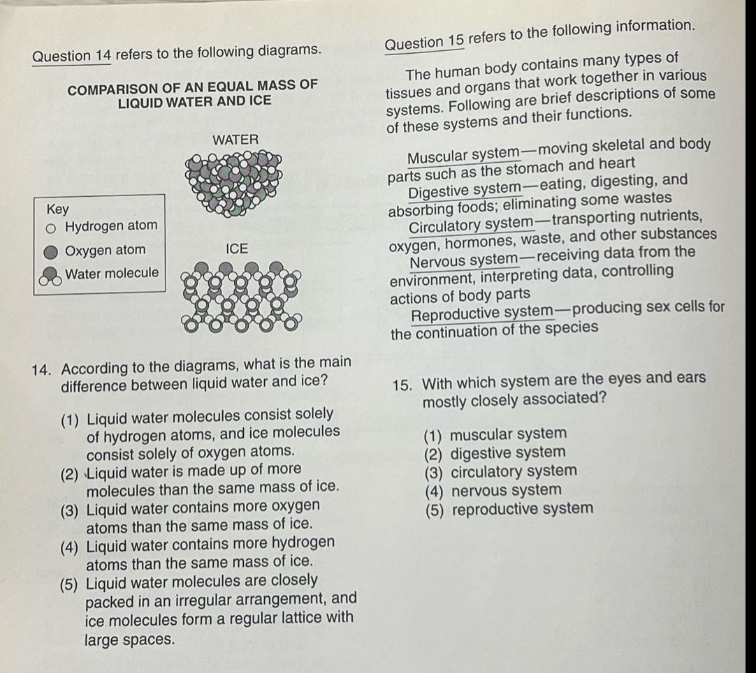 question 14 refers to the following diagrams.\ncomparison of an equal mass of liquid water and ice\nkey\n○ hydrogen atom\n● oxygen atom\nh₂o water molecule\n14. according to the diagrams, what is the main difference between liquid water and ice?\n(1) liquid water molecules consist solely of hydrogen atoms, and ice molecules consist solely of oxygen atoms.\n(2) liquid water is made up of more molecules than the same mass of ice.\n(3) liquid water contains more oxygen atoms than the same mass of ice.\n(4) liquid water contains more hydrogen atoms than the same mass of ice.\n(5) liquid water molecules are closely packed in an irregular arrangement, and ice molecules form a regular lattice with large spaces.\nquestion 15 refers to the following information.\nthe human body contains many types of tissues and organs that work together in various systems. following are brief descriptions of some of these systems and their functions.\nmuscular system—moving skeletal and body parts such as the stomach and heart\ndigestive system—eating, digesting, and absorbing foods; eliminating some wastes\ncirculatory system—transporting nutrients, oxygen, hormones, waste, and other substances\nnervous system—receiving data from the environment, interpreting data, controlling actions of body parts\nreproductive system—producing sex cells for the continuation of the species\n15. with which system are the eyes and ears mostly closely associated?\n(1) muscular system\n(2) digestive system\n(3) circulatory system\n(4) nervous system\n(5) reproductive system