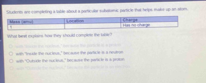 students are completing a table about a particular subatomic particle that helps make up an atom.\n| mass (amu) | location | charge |\n| ---- | ---- | ---- |\n| 1 | | has no charge |\nwhat best explains how they should complete the table?\n- with \inside the nucleus,\ because the particle is a proton\n- with \inside the nucleus,\ because the particle is a neutron\n- with \outside the nucleus,\ because the particle is a proton\n- with \outside the nucleus,\ because the particle is an electron