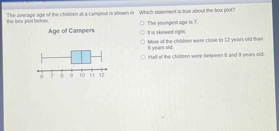 the average age of the children at a campout is shown in the box plot below. which statement is true about the box plot? age of campers the youngest age is 7. it is skewed right. more of the children were close to 12 years old than 6 years old. half of the children were between 6 and 9 years old. 6 7 8 9 10 11 12