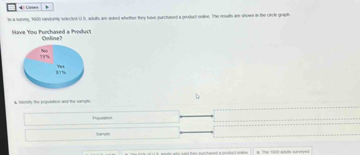 in a survey, 1600 randomly selected u.s. adults are asked whether they have purchased a product online. the results are shown in the circle graph. have you purchased a product online? no 19% yes 81% a. identify the population and the sample.
