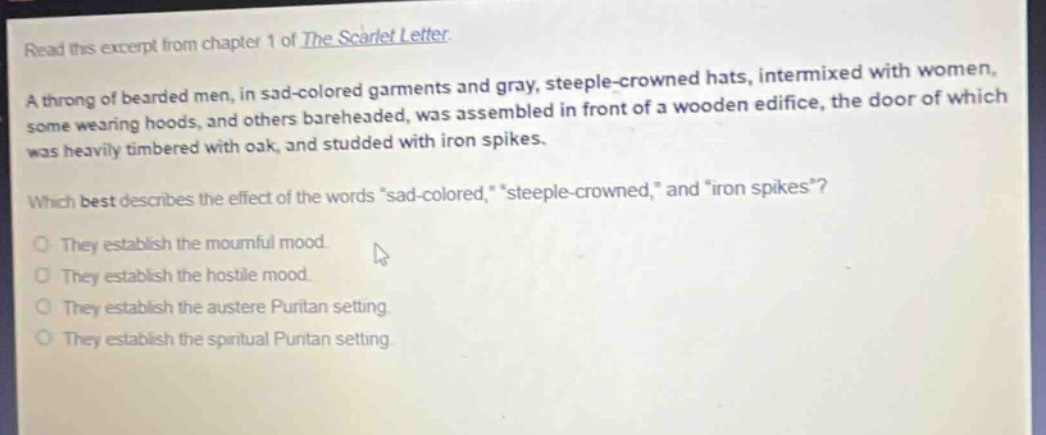 read this excerpt from chapter 1 of the scarlet letter. a throng of bearded men, in sad - colored garments and gray, steeple - crowned hats, intermixed with women, some wearing hoods, and others bareheaded, was assembled in front of a wooden edifice, the door of which was heavily timbered with oak, and studded with iron spikes. which best describes the effect of the words \sad - colored,\ \steeple - crowned,\ and \iron spikes\? they establish the mournful mood. they establish the hostile mood. they establish the austere puritan setting. they establish the spiritual puritan setting.
