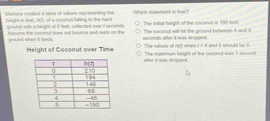 marlena created a table of values representing the height in feet, h(t), of a coconut falling to the hard ground with a height of 0 feet, collected over t seconds. assume the coconut does not bounce and rests on the ground when it lands. height of coconut over time which statement is true? the initial height of the coconut is 190 feet. the coconut will hit the ground between 4 and 5 seconds after it was dropped. the values of h(t) when t = 4 and 5 should be 0. the maximum height of the coconut was 1 second after it was dropped.\n| t | h(t) |\n|----|----| \n| 0 | 210 |\n| 1 | 194 |\n| 2 | 146 |\n| 3 | 66 |\n| 4 | -46 |\n| 5 | -190 |