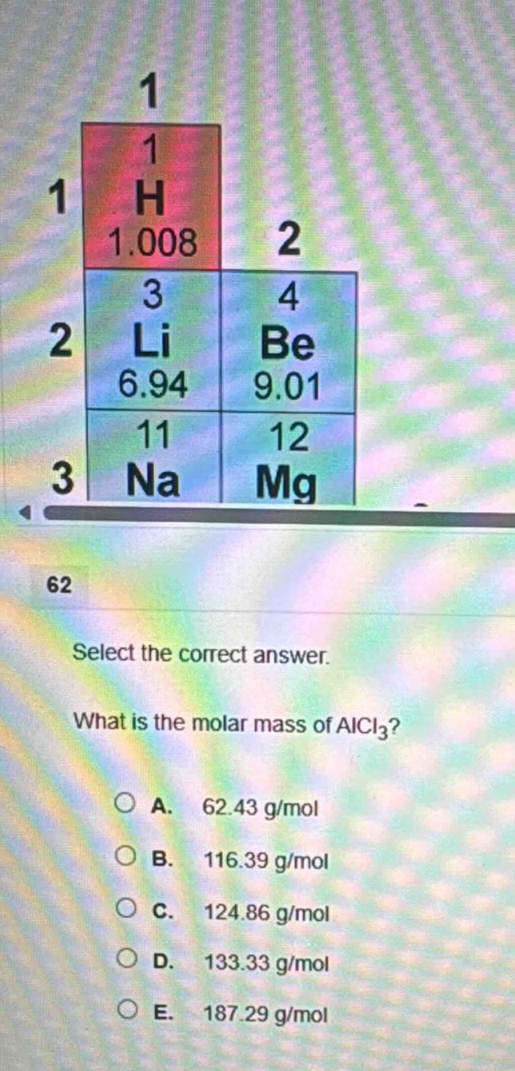 select the correct answer. what is the molar mass of alcl₃? a. 62.43 g/mol b. 116.39 g/mol c. 124.86 g/mol d. 133.33 g/mol e. 187.29 g/mol
