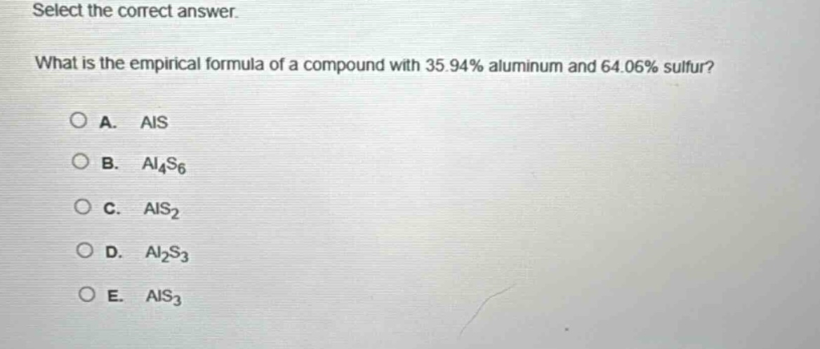 select the correct answer.\nwhat is the empirical formula of a compound with 35.94% aluminum and 64.06% sulfur?\na. als\nb. al₄s₆\nc. als₂\nd. al₂s₃\ne. als₃