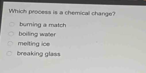 which process is a chemical change?\nburning a match\nboiling water\nmelting ice\nbreaking glass