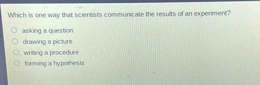 which is one way that scientists communicate the results of an experiment?\nasking a question\ndrawing a picture\nwriting a procedure\nforming a hypothesis