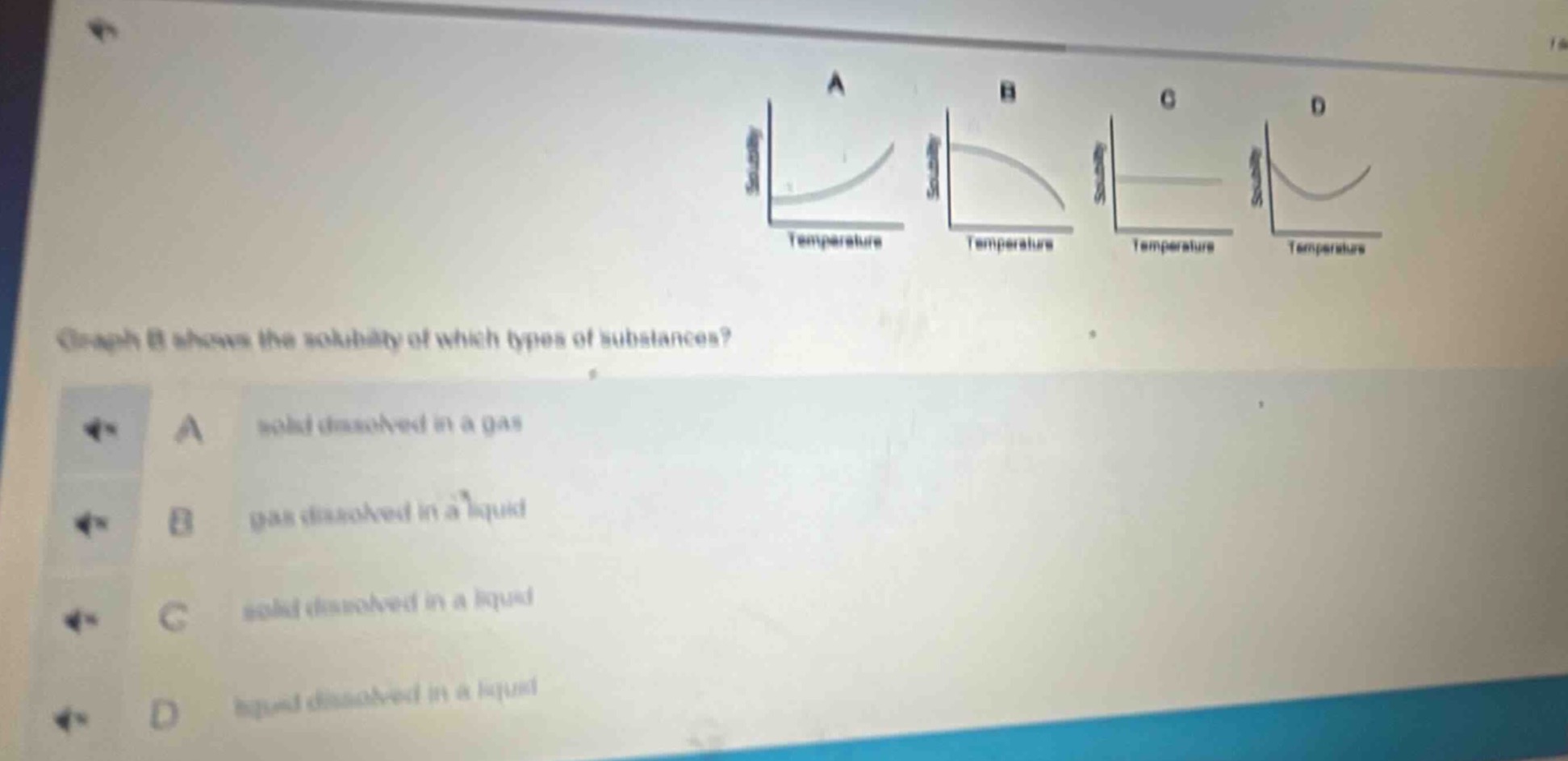 graph b shows the solubility of which types of substances? a solid dissolved in a gas b gas dissolved in a liquid c solid dissolved in a liquid d liquid dissolved in a liquid