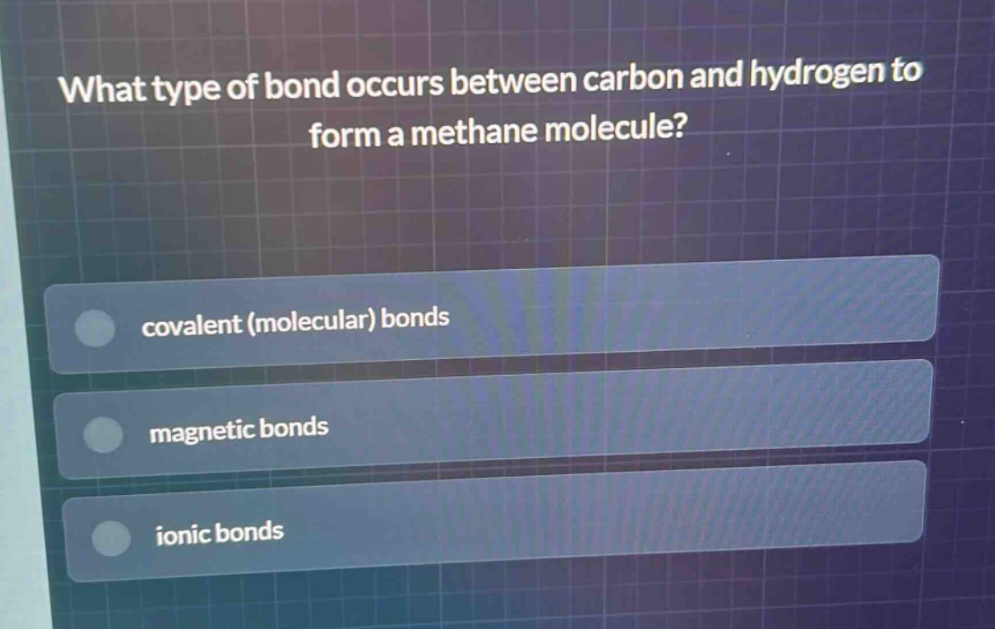 what type of bond occurs between carbon and hydrogen to form a methane molecule?\ncovalent (molecular) bonds\nmagnetic bonds\nionic bonds