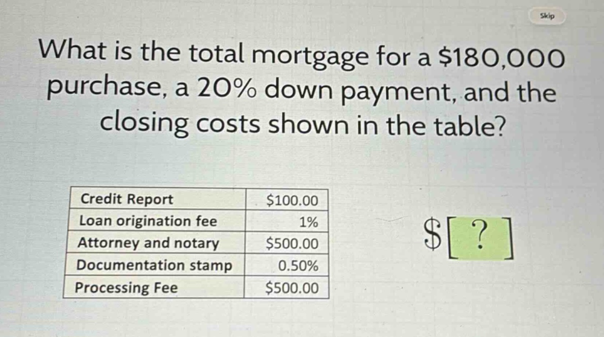 what is the total mortgage for a $180,000 purchase, a 20% down payment, and the closing costs shown in the table?\n|credit report|$100.00|\n|loan origination fee|1%|\n|attorney and notary|$500.00|\n|documentation stamp|0.50%|\n|processing fee|$500.00|
