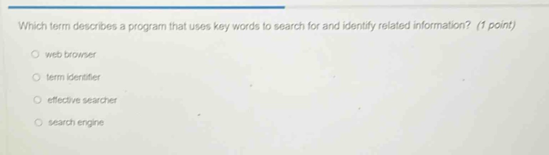 which term describes a program that uses key words to search for and identify related information? (1 point)\nweb browser\nterm identifier\neffective searcher\nsearch engine