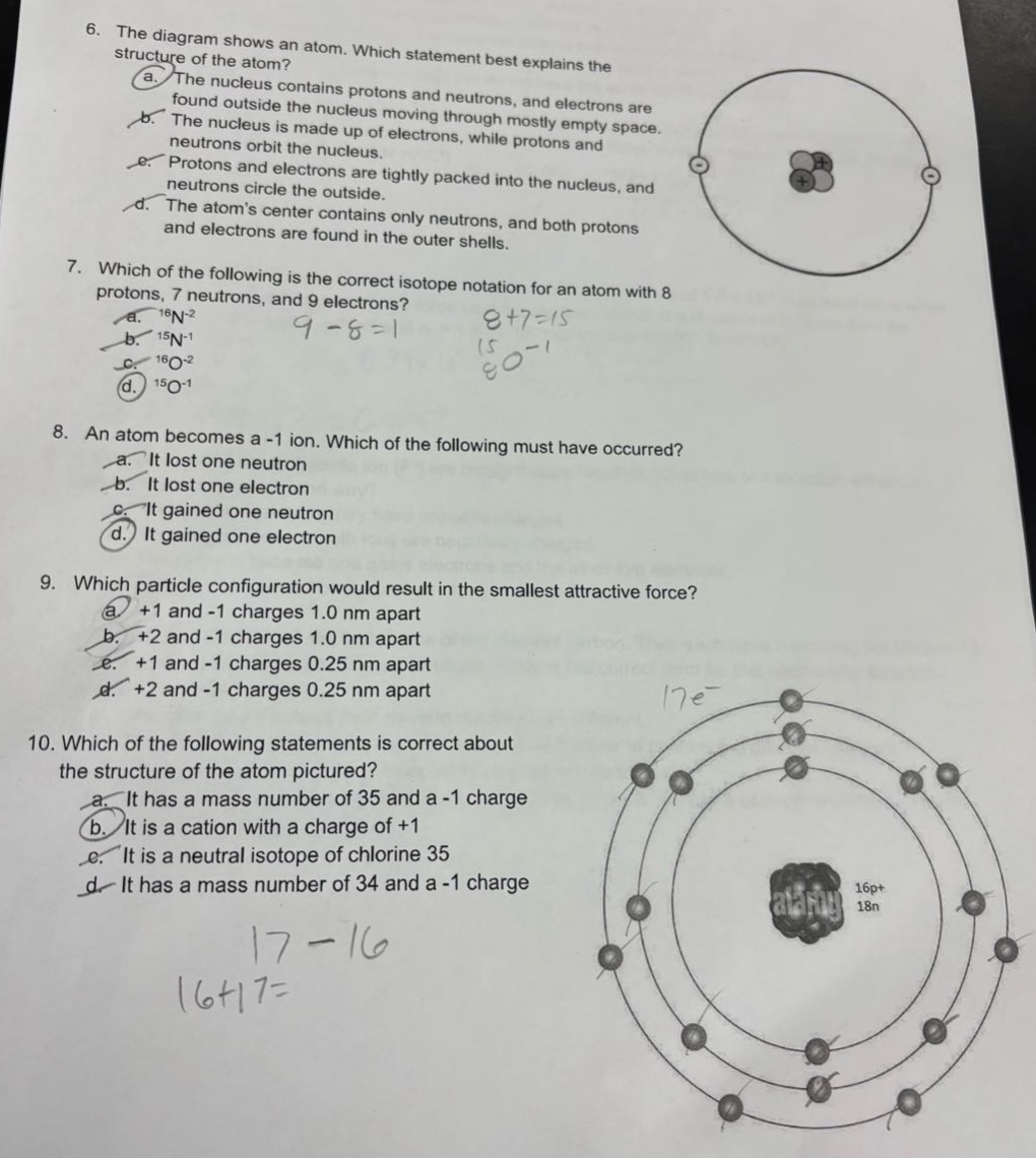 6. the diagram shows an atom. which statement best explains the structure of the atom? a. the nucleus contains protons and neutrons, and electrons are found outside the nucleus moving through mostly empty space. b. the nucleus is made up of electrons, while protons and neutrons orbit the nucleus. c. protons and electrons are tightly packed into the nucleus, and neutrons circle outside. d. the atoms center contains only neutrons, and both protons and electrons are found in the outer shells. 7. which of the following is the correct isotope notation for an atom with 8 protons, 7 neutrons, and 9 electrons? a. $^{16}n^{-2}$ b. $^{15}n^{-1}$ c. $^{16}o^{-2}$ d. $^{15}o^{-1}$ 8. an atom becomes a -1 ion. which of the following must have occurred? a. it lost one neutron b. it lost one electron c. it gained one neutron d. it gained one electron 9. which particle configuration would result in the smallest attractive force? a. +1 and -1 charges 1.0 nm apart b. +2 and -1 charges 1.0 nm apart c. +1 and -1 charges 0.25 nm apart d. +2 and -1 charges 0.25 nm apart 10. which of the following statements is correct about the structure of the atom pictured? a. it has a mass number of 35 and a -1 charge b. it is a cation with a charge of +1 c. it is a neutral isotope of chlorine 35 d. it has a mass number of 34 and a -1 charge