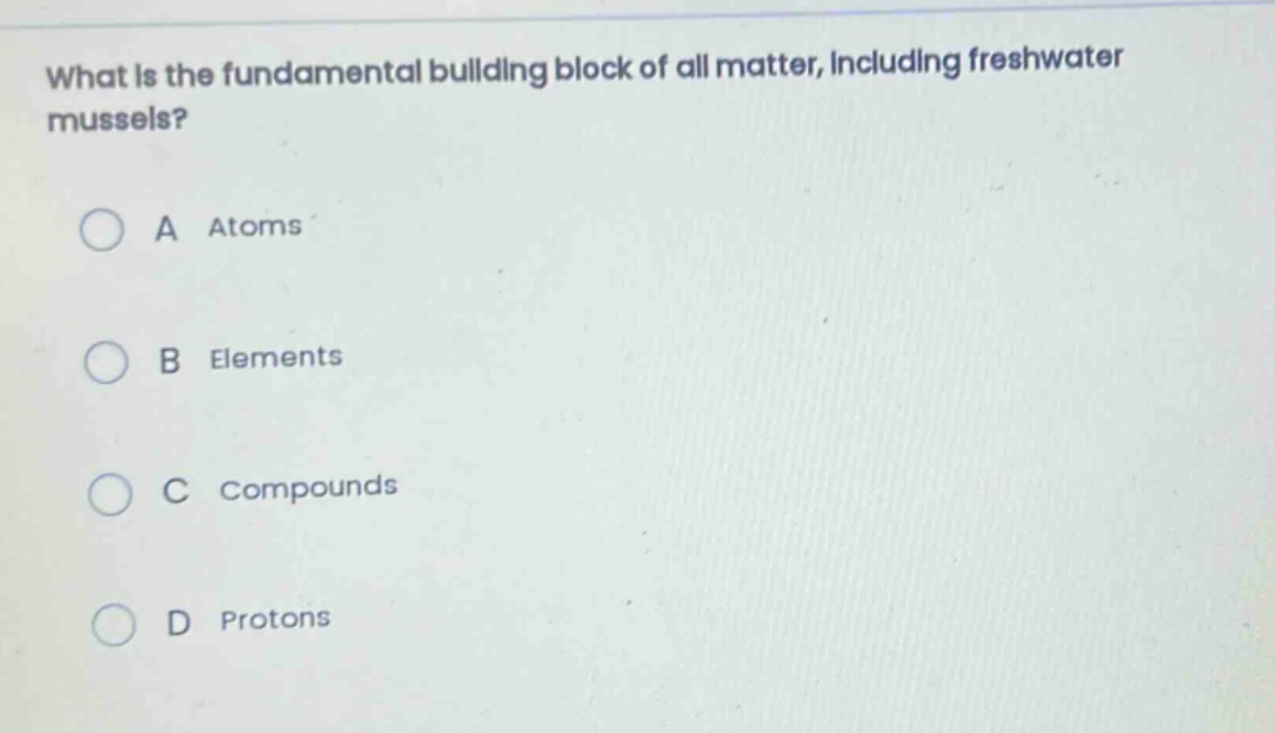 what is the fundamental building block of all matter, including freshwater mussels?\na atoms\nb elements\nc compounds\nd protons