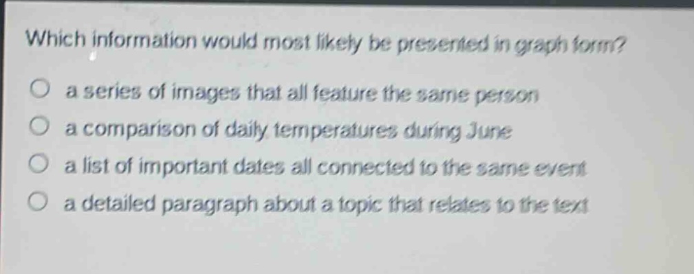 which information would most likely be presented in graph form?\no a series of images that all feature the same person\no a comparison of daily temperatures during june\no a list of important dates all connected to the same event\no a detailed paragraph about a topic that relates to the text