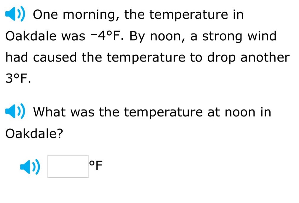 one morning, the temperature in oakdale was -4°f. by noon, a strong wind had caused the temperature to drop another 3°f. what was the temperature at noon in oakdale? °f