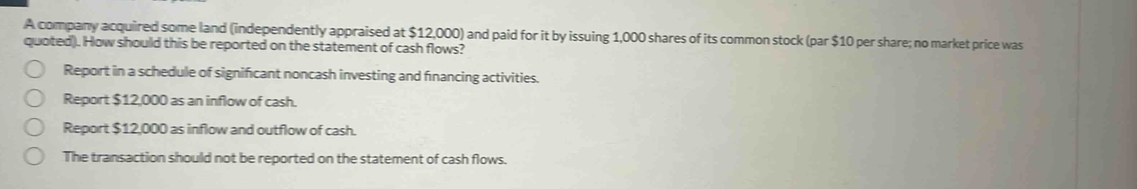 a company acquired some land (independently appraised at $12,000) and paid for it by issuing 1,000 shares of its common stock (par $10 per share; no market price was quoted). how should this be reported on the statement of cash flows?\nreport in a schedule of significant noncash investing and financing activities.\nreport $12,000 as an inflow of cash.\nreport $12,000 as inflow and outflow of cash.\nthe transaction should not be reported on the statement of cash flows.