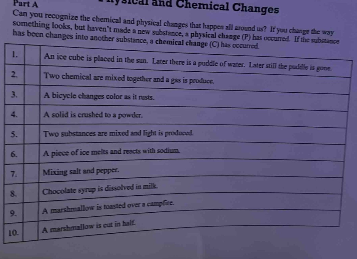 part a\ncan you recognize the chemical and physical changes that happen all around us? if you change the way something looks, but havent made a new substance, a physical change (p) has occurred. if the substance has been changes into another substance, a chemical change (c) has occurred.\n1. an ice cube is placed in the sun. later there is a puddle of water. later still the puddle is gone.\n2. two chemical are mixed together and a gas is produce.\n3. a bicycle changes color as it rusts.\n4. a solid is crushed to a powder.\n5. two substances are mixed and light is produced.\n6. a piece of ice melts and reacts with sodium.\n7. mixing salt and pepper.\n8. chocolate syrup is dissolved in milk.\n9. a marshmallow is toasted over a campfire.\n10. a marshmallow is cut in half.