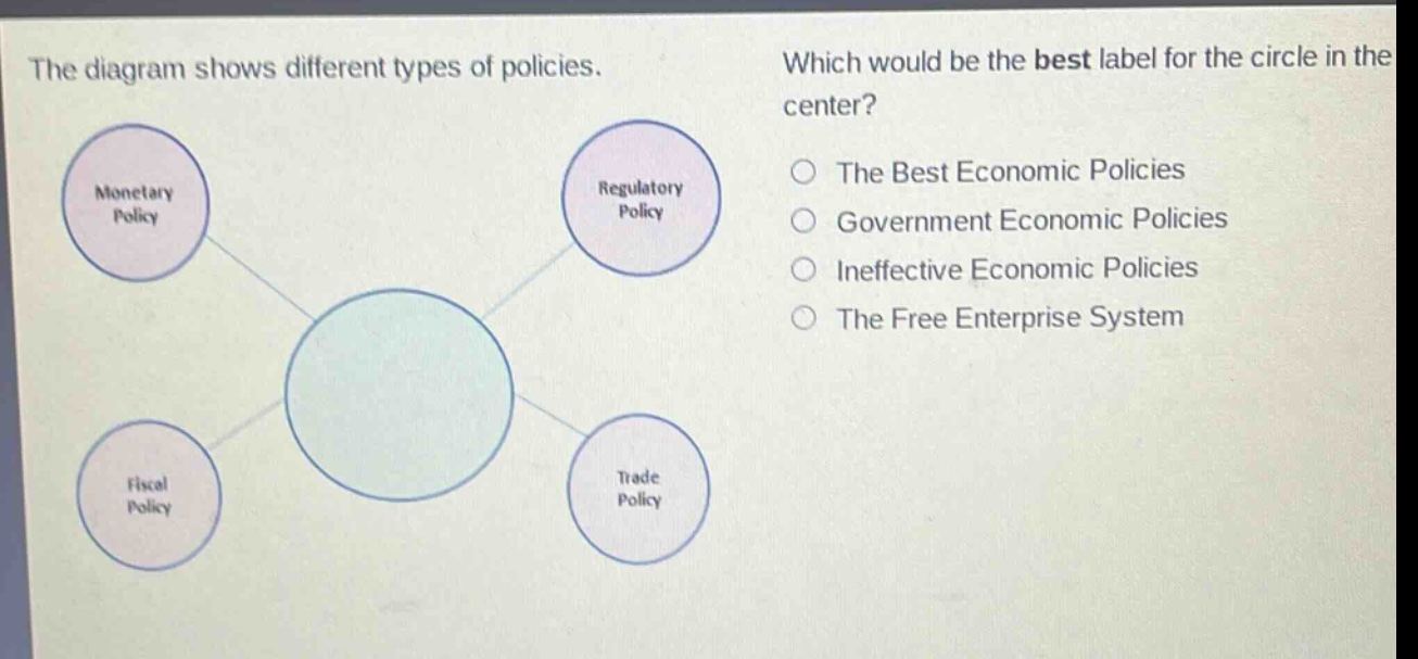 the diagram shows different types of policies. which would be the best label for the circle in the center? monetary policy regulatory policy the best economic policies government economic policies ineffective economic policies the free enterprise system fiscal policy trade policy