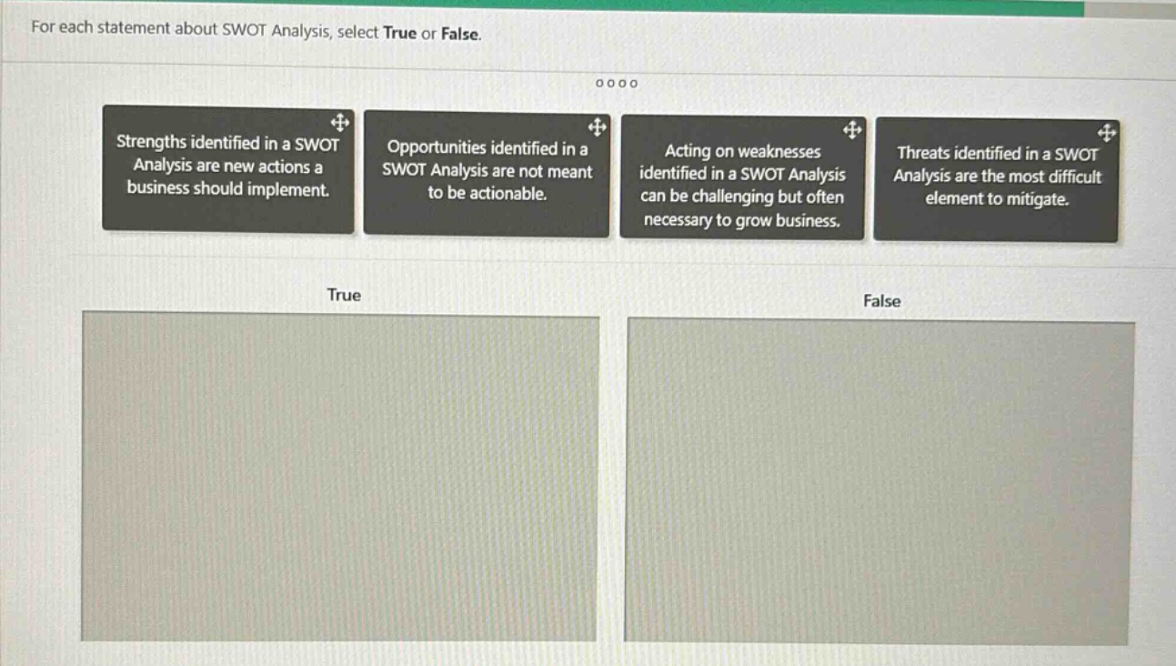 for each statement about swot analysis, select true or false. strengths identified in a swot analysis are new actions a business should implement. opportunities identified in a swot analysis are not meant to be actionable. acting on weaknesses identified in a swot analysis can be challenging but often necessary to grow business. threats identified in a swot analysis are the most difficult element to mitigate. true false
