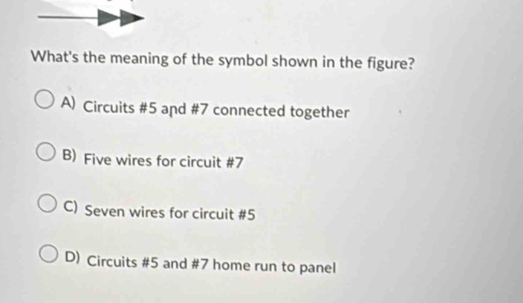 whats the meaning of the symbol shown in the figure?\na) circuits #5 and #7 connected together\nb) five wires for circuit #7\nc) seven wires for circuit #5\nd) circuits #5 and #7 home run to panel