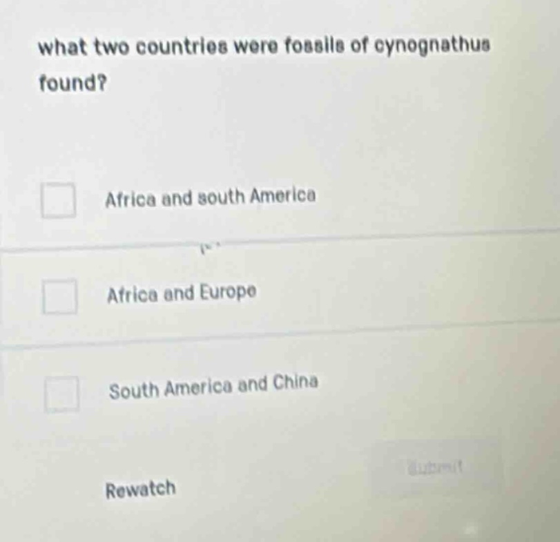 what two countries were fossils of cynognathus found?\n□ africa and south america\n□ africa and europe\n□ south america and china\nrewatch