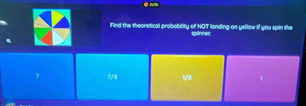 find the theoretical probability of not landing on yellow if you spin the spinner.