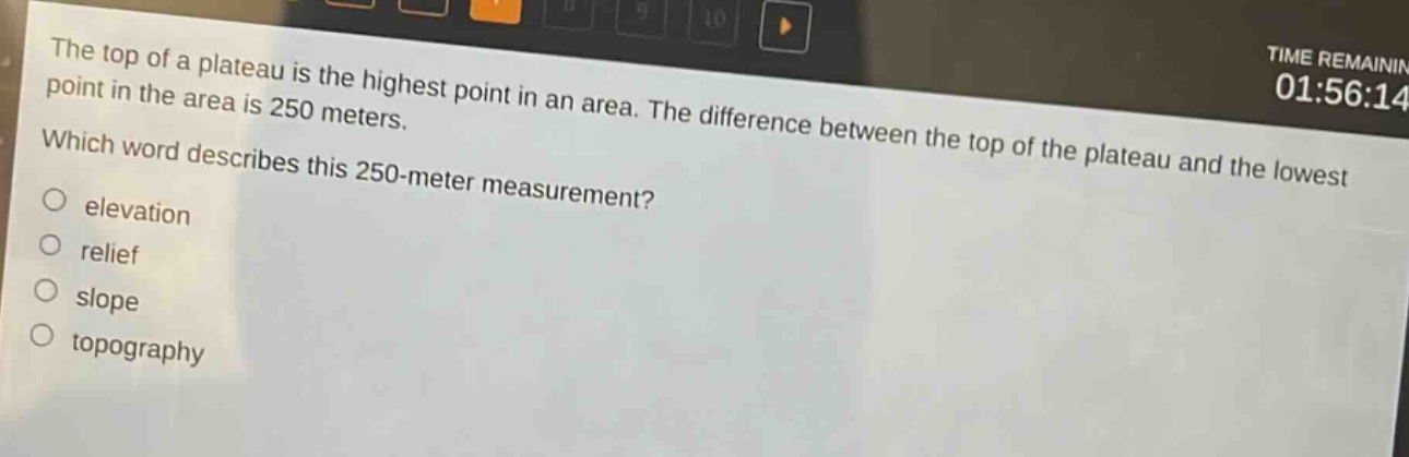 the top of a plateau is the highest point in an area. the difference between the top of the plateau and the lowest point in the area is 250 meters. which word describes this 250 - meter measurement?\no elevation\no relief\no slope\no topography